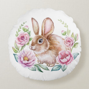 Watercolor Rabbit with Pink Floral Wreath Easter Round Cushion