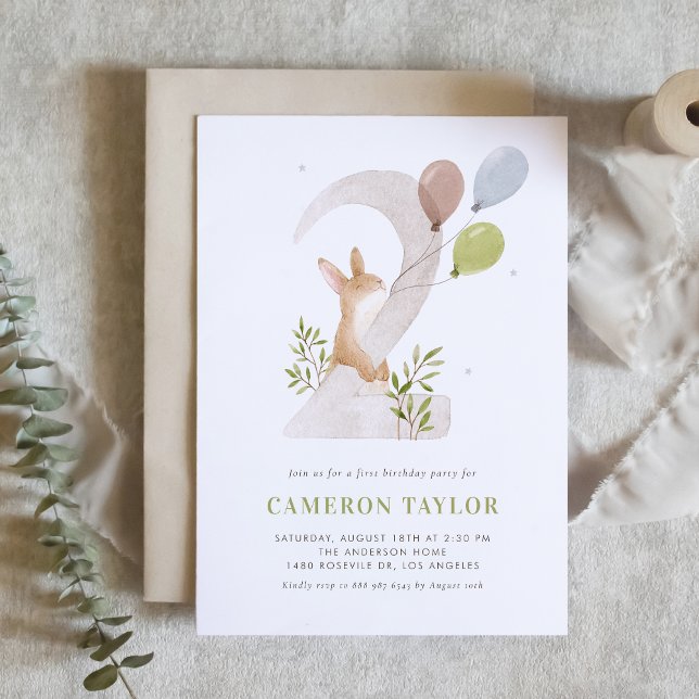 Watercolor Rabbit Woodland Second Birthday Party Invitation (Creator Uploaded)