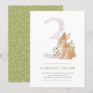 Watercolor Rabbit Woodland Third Birthday Party Invitation