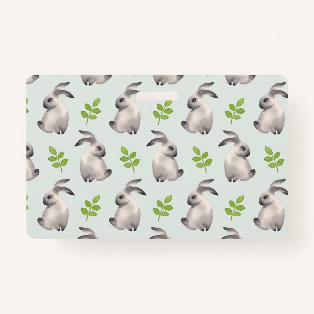 Watercolor rabbits and grass ID badge (Front)