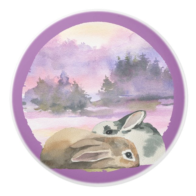 Watercolor Rabbits with Orchid Purple Ceramic Knob (Front)