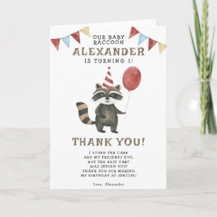 Watercolor Raccoon 1st Birthday  Thank You Card
