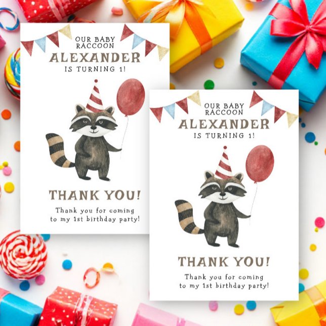 Watercolor Raccoon 1st Birthday  Thank You Card (Creator Uploaded)