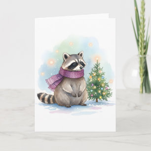Watercolor Raccoon Cute Winter Woodland Holiday Card