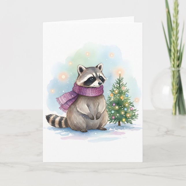 Watercolor Raccoon Cute Winter Woodland Holiday Card (Front)