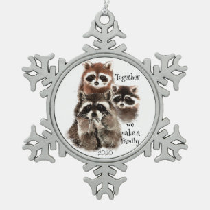 Watercolor Raccoons Together we make Family Quote Snowflake Pewter Christmas Ornament