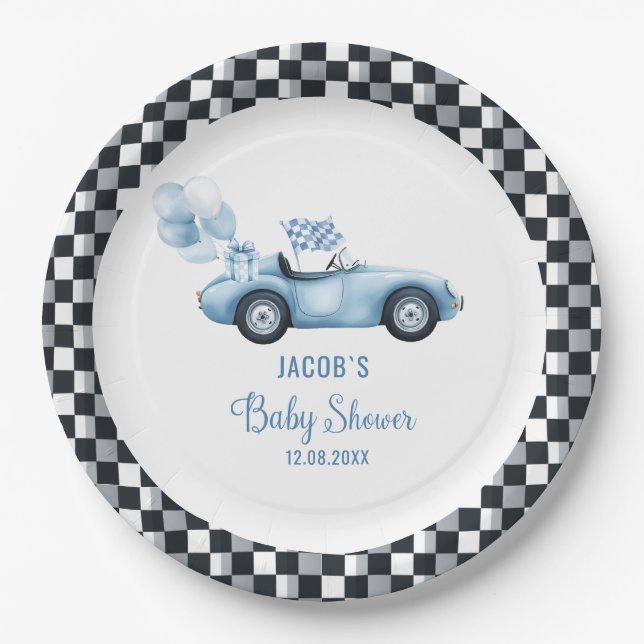   Watercolor Race Car Baby Shower Paper Plate (Front)