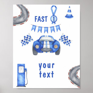 Watercolor Race Car First Birthday custom text Poster