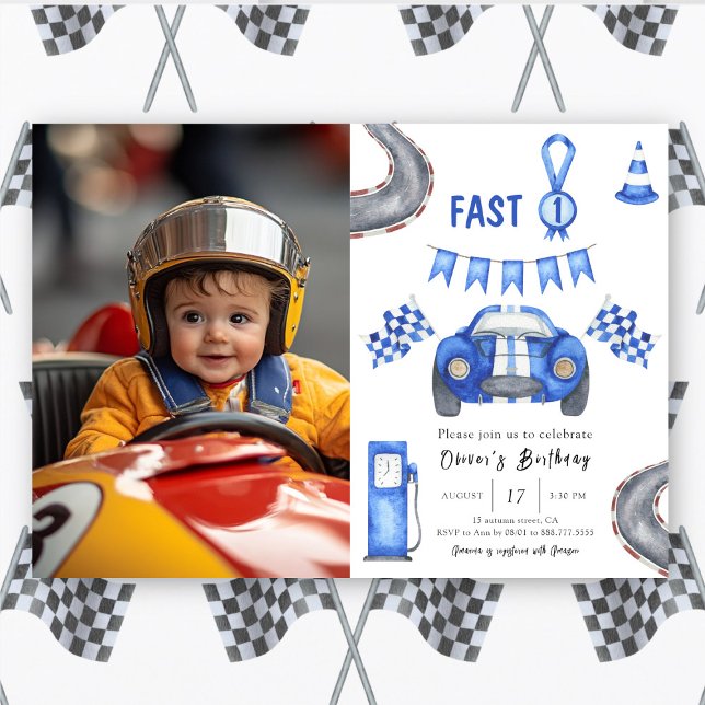 Watercolor Race Car First Birthday Fast One Invitation (Creator Uploaded)