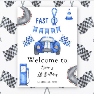 Watercolor Race Car First Birthday Party Welcome Poster