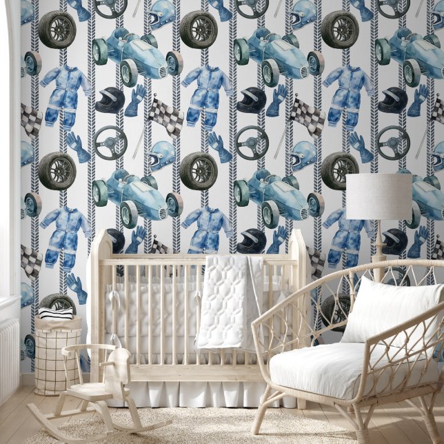 Watercolor Race Car & Gear Patter Wallpaper (Kids)
