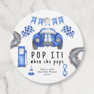 Watercolor race car - pop it! when she pops favour tags
