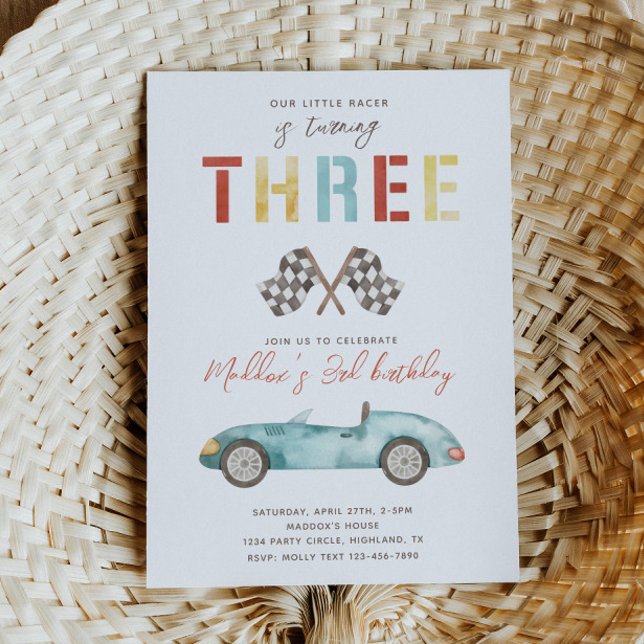 Watercolor Race Car Third Birthday Invitation (Creator Uploaded)