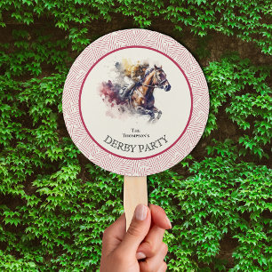Watercolor Race Horse Derby Red Hand Fan