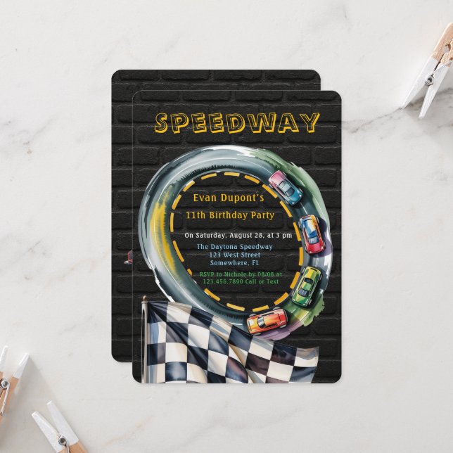 Watercolor Race Track Boy Birthday Party Invitation (Front/Back In Situ)