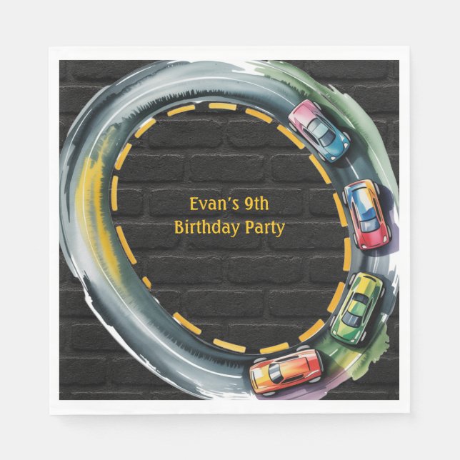Watercolor Race Track Boys Birthday Party Napkin (Front)