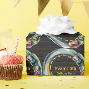 Watercolor Race Track Boys Birthday Party Wrapping Paper