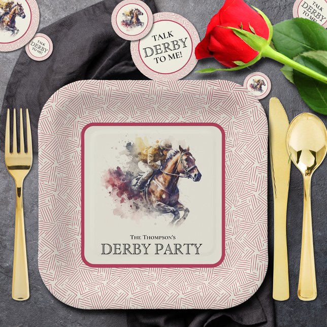 Watercolor Racehorse Derby Red Square Paper Plate (Paper plates and confetti sold separately in our collection.)