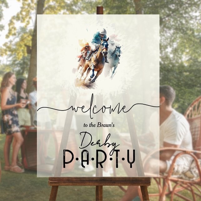 Watercolor Racehorse Jockey Derby Welcome Acrylic Sign (Watercolor racehorses and jockeys Derby Welcome acrylic sign)