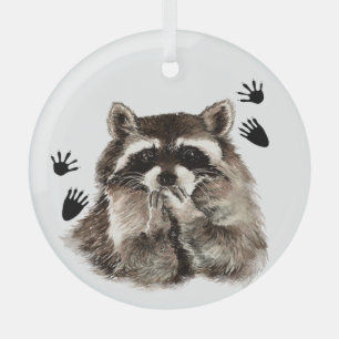 Watercolor Racoon Animal and tracks or footprints Glass Tree Decoration