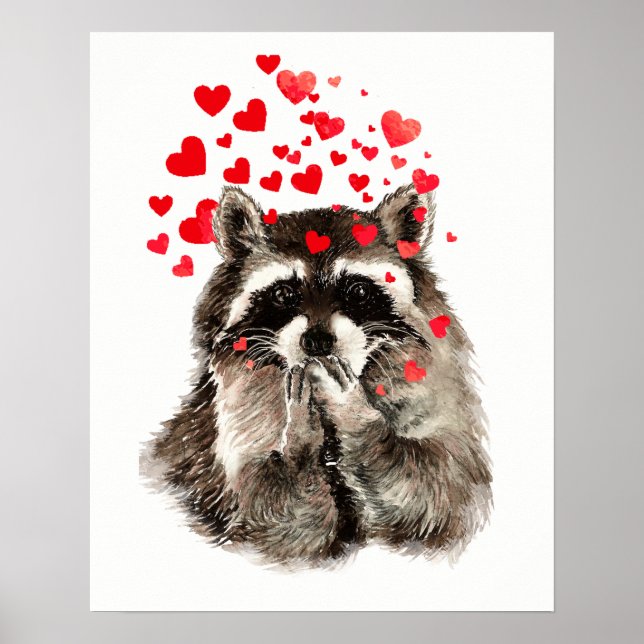 Watercolor Racoon Blowing Kisses Fun Animal art Poster (Front)