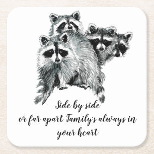 Watercolor Racoon Family Inspirational Family Qu Square Paper Coaster