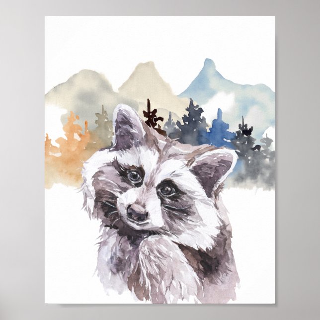 Watercolor Racoon Forest Nursery Child Woodland Poster (Front)