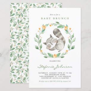 Watercolor Racoon Greenery Baby Brunch Invitation