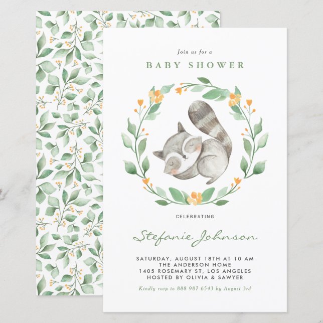 Watercolor Racoon Greenery Baby Shower Invitation (Front/Back)