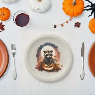 Watercolor Racoon Halloween Paper Plate