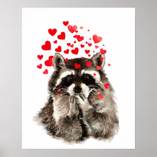 Watercolor Racoon Kisses Funny Love Hearts Poster