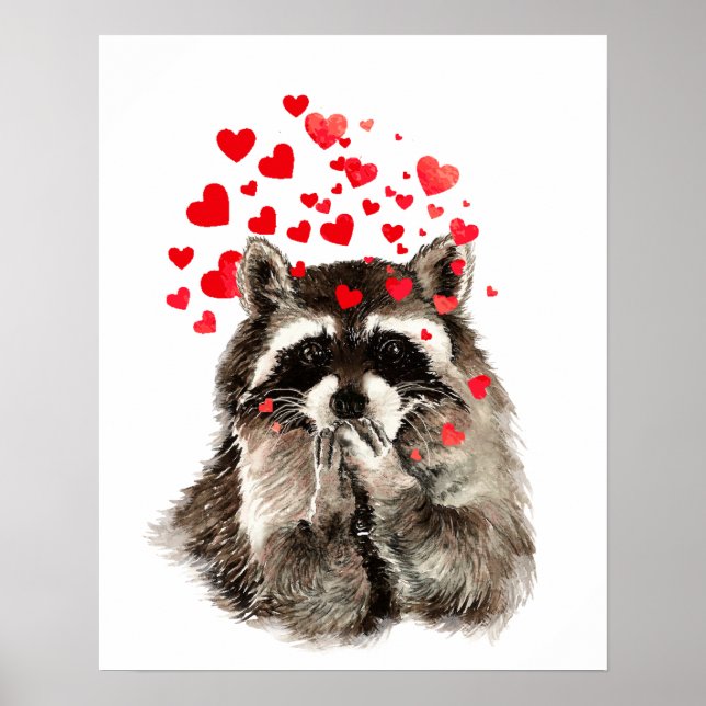 Watercolor Racoon Kisses Funny Love Hearts Poster (Front)