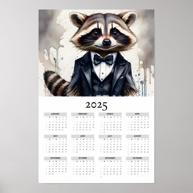Watercolor Racoon Wearing Tux 2025 Wall Calendar Poster (Front)