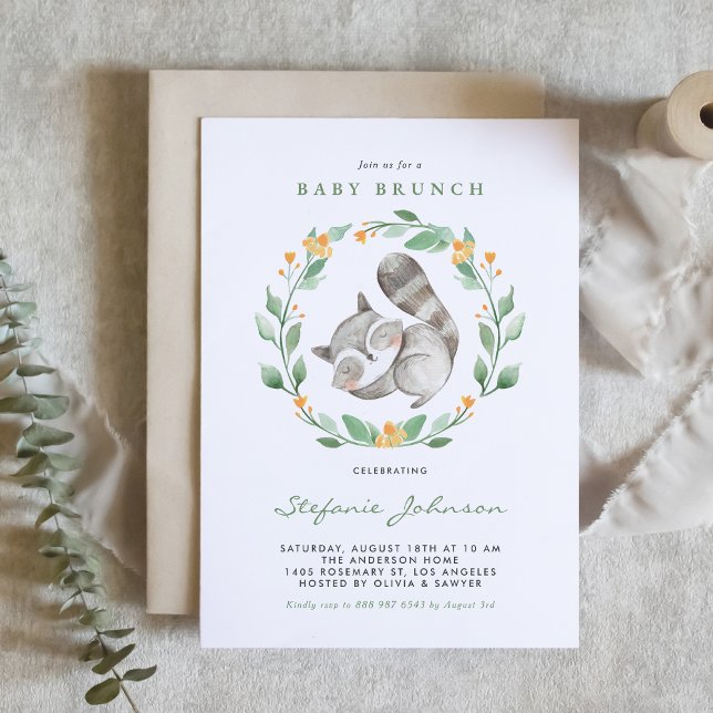 Watercolor Racoon Wreath Greenery Baby Brunch Invitation (Creator Uploaded)