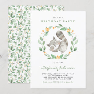 Watercolor Racoon Wreath Greenery Kids Birthday Invitation