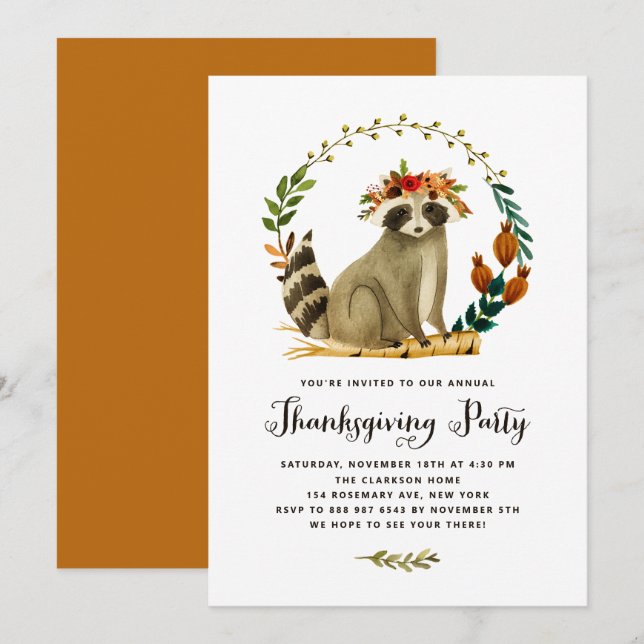 Watercolor Racoon Wreath Thanksgiving Party Invitation (Front/Back)