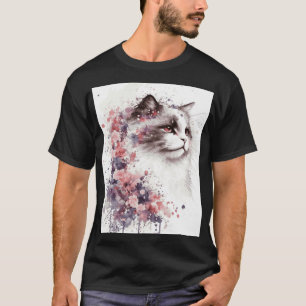 Watercolor Ragdoll Cat Japanese Cherry Blossom Sak T-Shirt