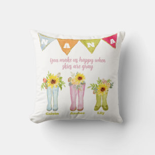 Watercolor Rain Boot Three Grandkids Nana Quote Cushion