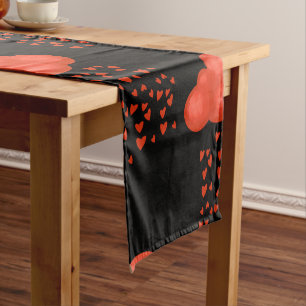 Watercolor Rain Of Love Red Hearts Valentines Day Short Table Runner