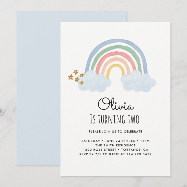 Watercolor Rainbow 2nd Birthday Invitation Cards (Front/Back)