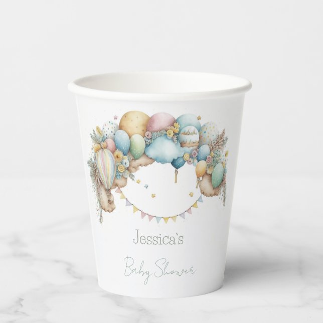 Watercolor rainbow Air Balloon Baby Shower Paper Cups (Front)