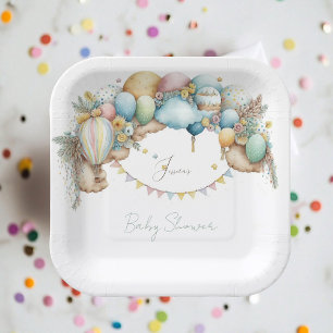 Watercolor rainbow Air Balloon Baby Shower Paper Plate