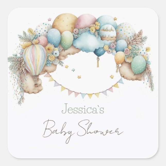 Watercolor rainbow Air Balloon Baby Shower Square Sticker (Front)