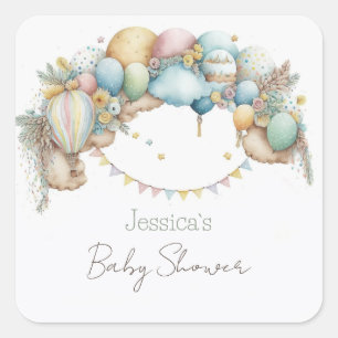 Watercolor rainbow Air Balloon Baby Shower Square Sticker