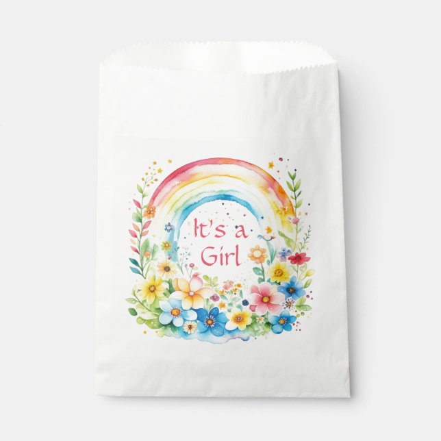 Watercolor Rainbow and Flowers It's a Girl Favour Bags (Front)