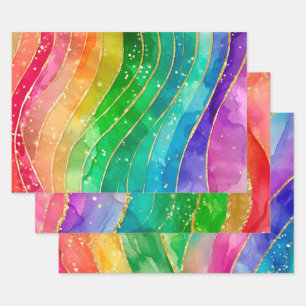 Watercolor Rainbow and Gold Glitter Alcohol Ink Wrapping Paper Sheet