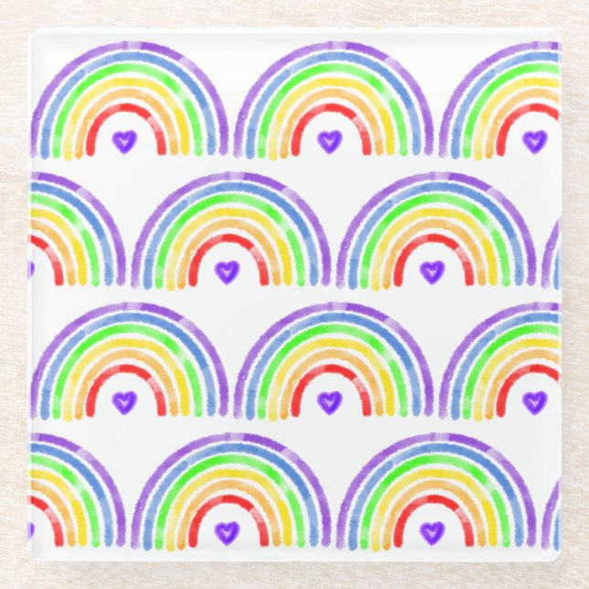 Watercolor Rainbow and Hearts   Glass Coaster (Front)