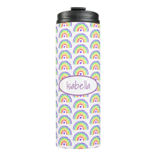 Watercolor Rainbow and Hearts Personalised Thermal Tumbler (Front)