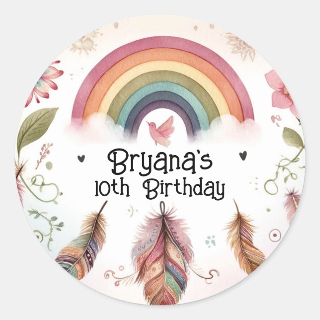 Watercolor Rainbow Bird & Feathers Boho Birthday  Classic Round Sticker (Front)