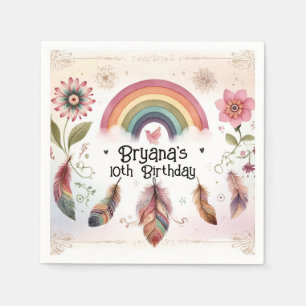 Watercolor Rainbow Bird & Feathers Boho Birthday  Napkin